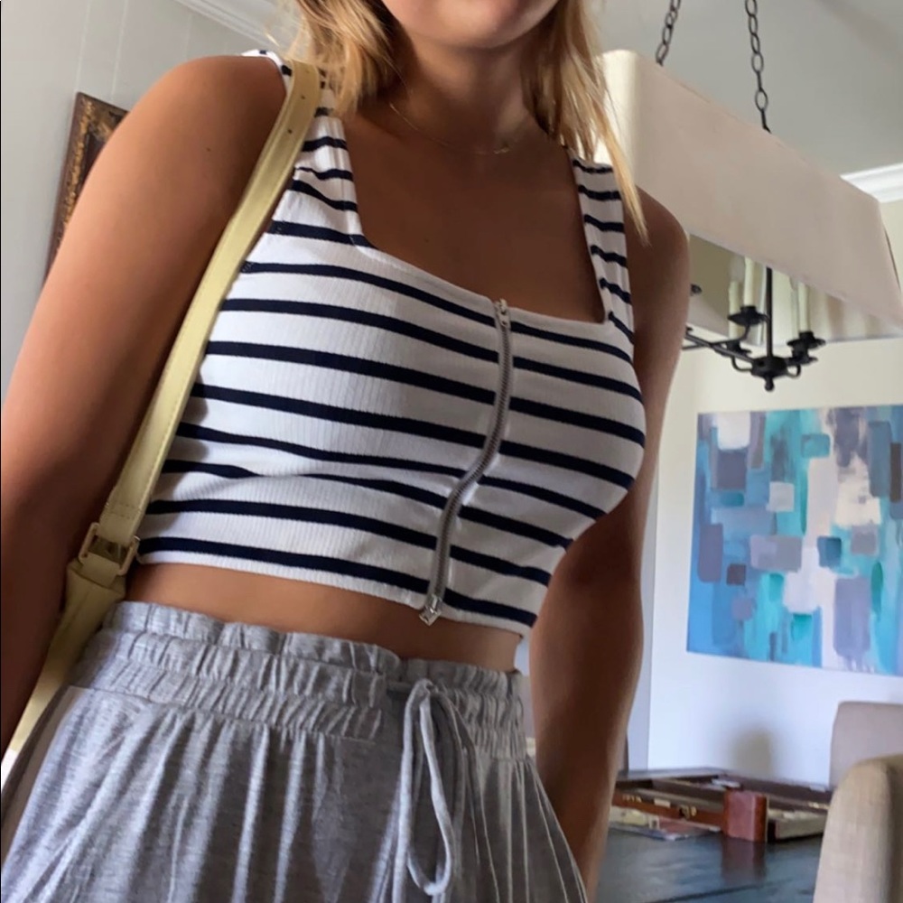 Black and White Striped Zip Up Crop Top